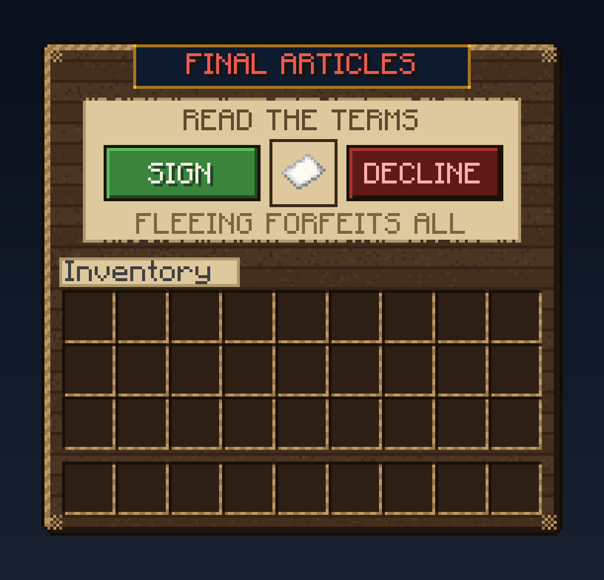 The Final Articles signing screen: sign or decline, fleeing forfeits all