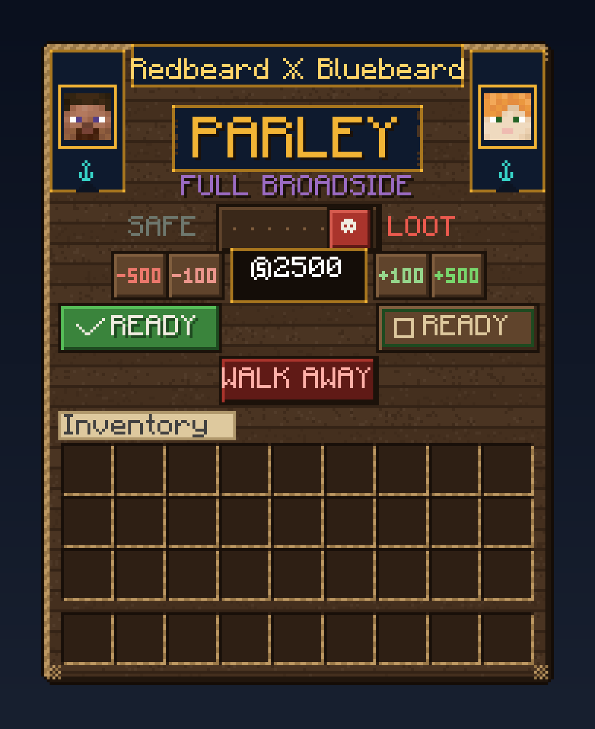 The Parley board in Full Broadside state: LOOT toggle thrown, $2500 staked, one captain ready