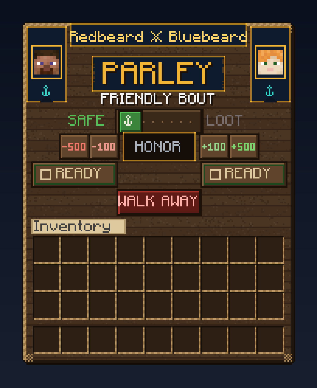 The Parley board in Friendly Bout state: stakes off, the plank reads HONOR