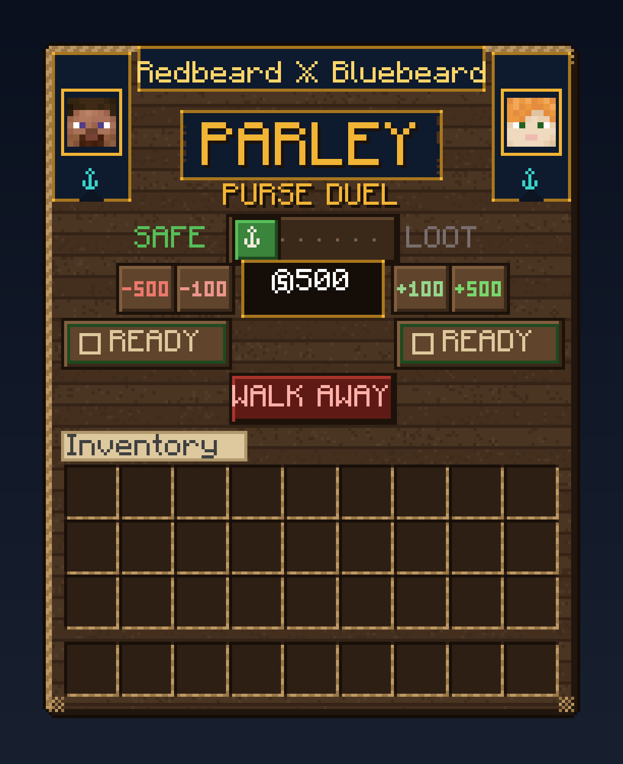 The Parley board in Purse Duel state: $500 staked, both captains unready