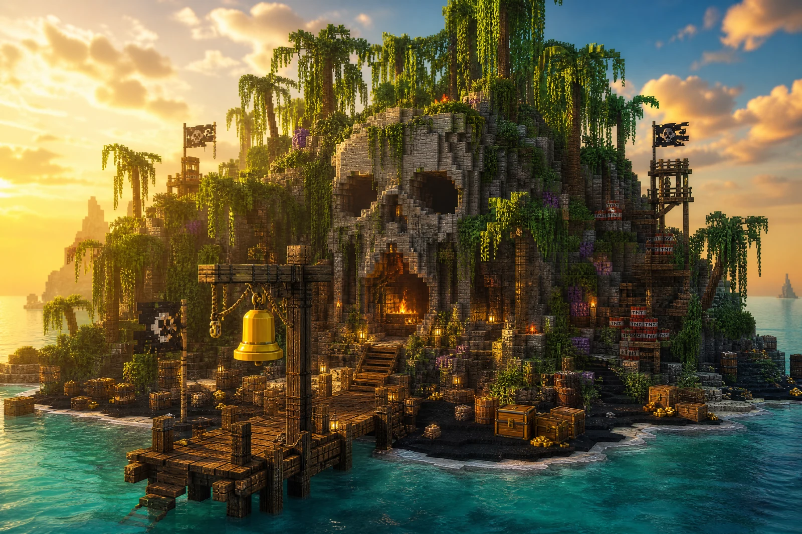 The Pit: a jungle island with a carved stone skull cave, the toll dock and its golden bell in the foreground
